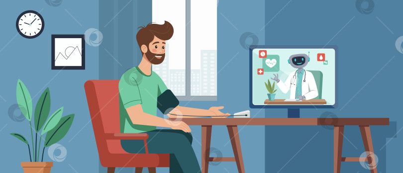Скачать Человек, использующий телемедицину с роботом-врачом онлайн фотосток Ozero