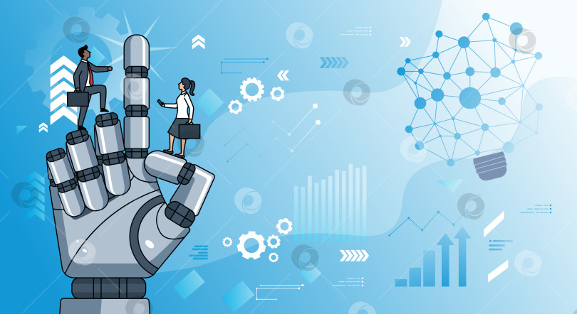 Скачать Роботизированная рука указывает на технические значки и людей фотосток Ozero