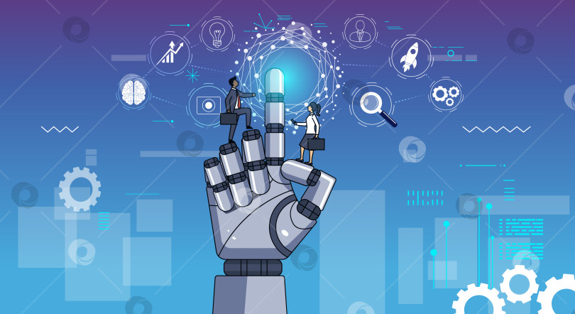 Скачать Роботизированная рука указывает на технические значки и людей фотосток Ozero