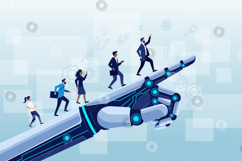 Скачать Роботизированная рука указывает на технические значки и людей фотосток Ozero