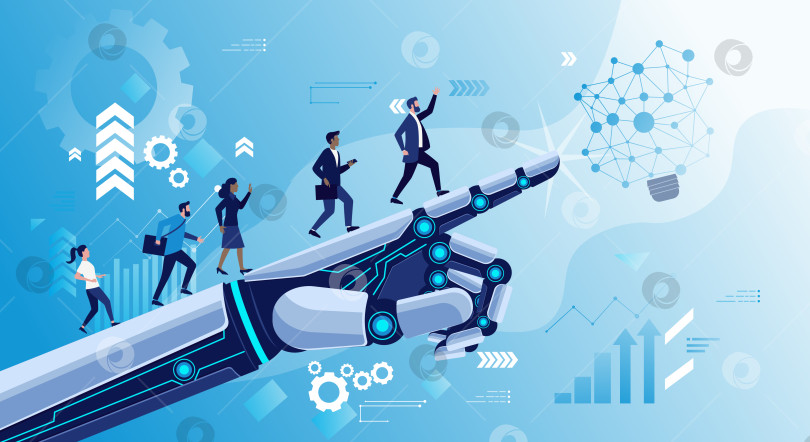 Скачать Роботизированная рука указывает на технические значки и людей фотосток Ozero