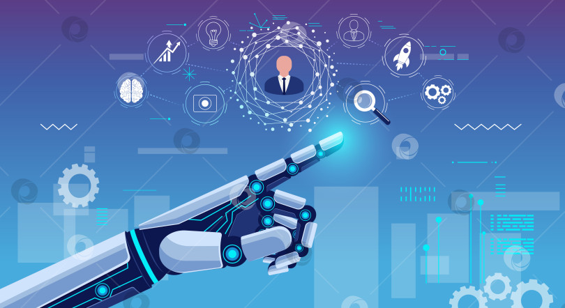 Скачать Роботизированная рука указывает на технические значки на заднем плане фотосток Ozero