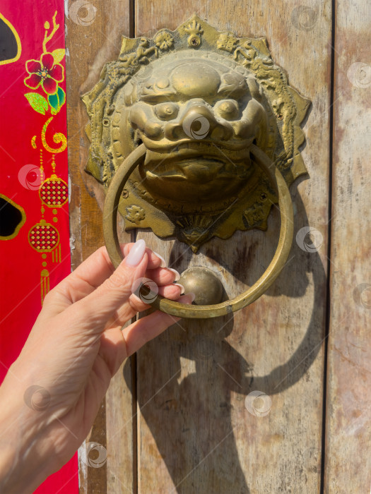 Скачать Рука мягко сжимает богато украшенный медный дверной молоток фотосток Ozero