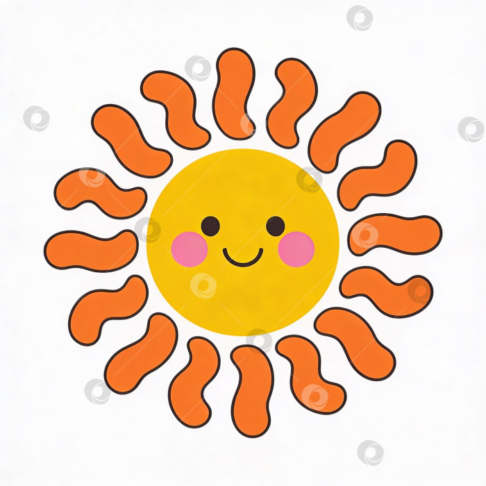 Скачать Милое мультяшное солнце с улыбающимся личиком и волнистыми оранжевыми лучами — веселая и игривая иллюстрация на тему лета и погоды фотосток Ozero