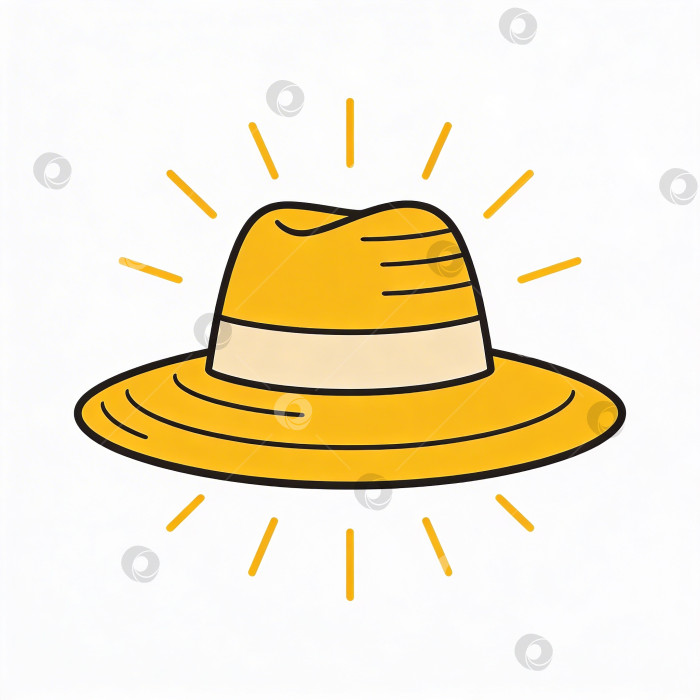 Скачать Стильная желтая соломенная шляпа с белой лентой, освещенная солнечными лучами, символизирует лето, моду и активный отдых фотосток Ozero