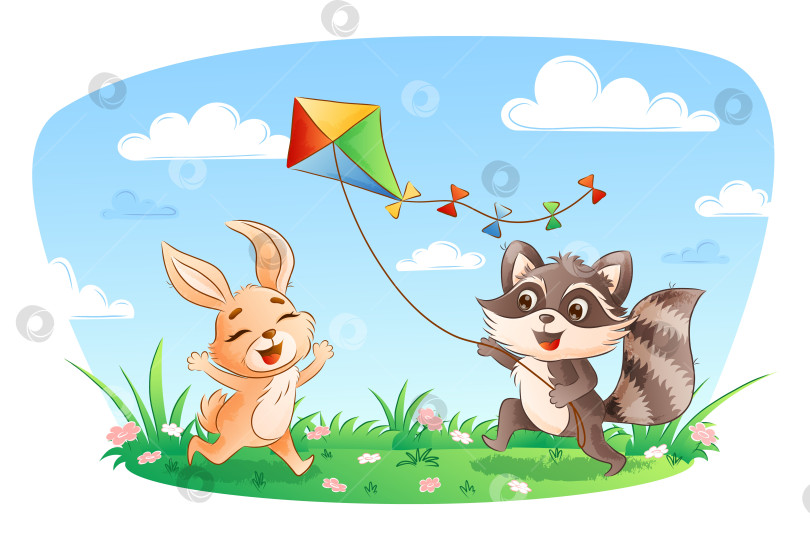 Скачать Милый кролик и енот запускают воздушного змея фотосток Ozero