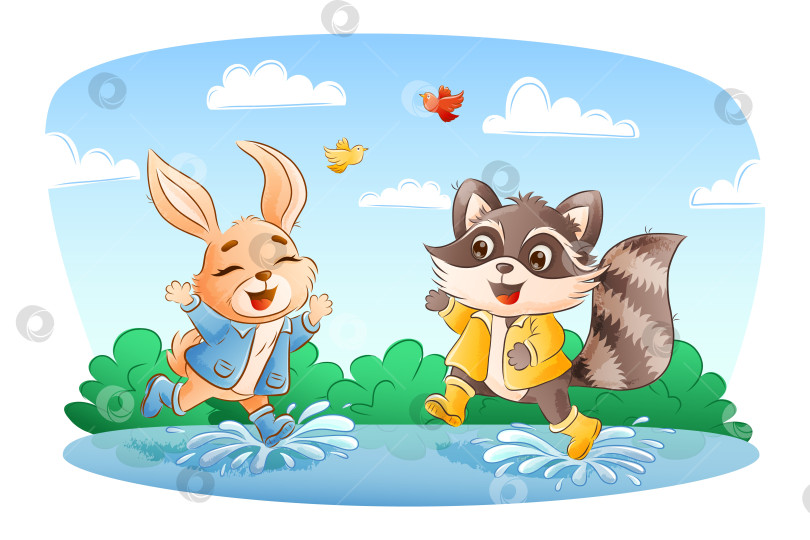 Скачать Милый кролик и енот прыгают по лужам фотосток Ozero