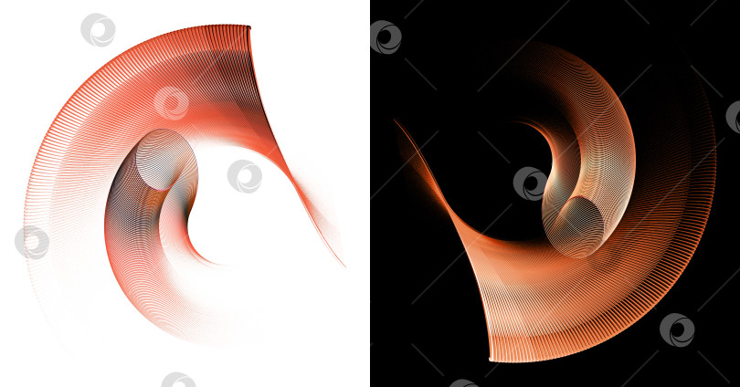 Скачать Многослойные плоскости в оранжевую и розовую полоску, изогнутые и скрученные, на черном и белом фоне. Иконка, логотип, символ, вывеска. Набор. 3D-рендеринг. 3D-иллюстрация. фотосток Ozero