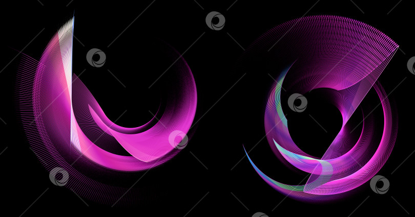 Скачать Два абстрактных фиолетовых пропеллера с полосатыми лопастями различной формы на черном фоне. Иконка, логотип, символ, вывеска. Набор. 3D-рендеринг. 3D-иллюстрация. фотосток Ozero
