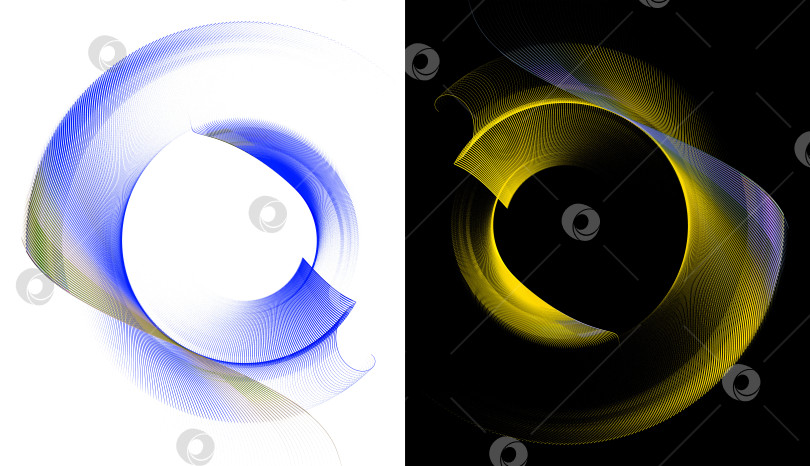 Скачать Абстрактные закругленные лезвия в желтую и синюю полоску на черном и белом фоне. Иконка, логотип, символ, вывеска. Набор. 3D-рендеринг. 3D-иллюстрация. фотосток Ozero