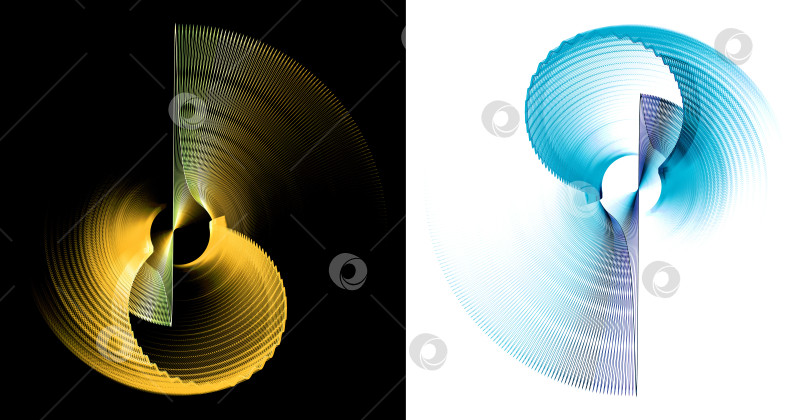 Скачать Абстрактные желтые и синие пропеллеры с необычными изогнутыми полосатыми лопастями вращаются на черном и белом фоне. Иконка, логотип, символ, вывеска. Набор. 3D-рендеринг. 3D-иллюстрация. фотосток Ozero