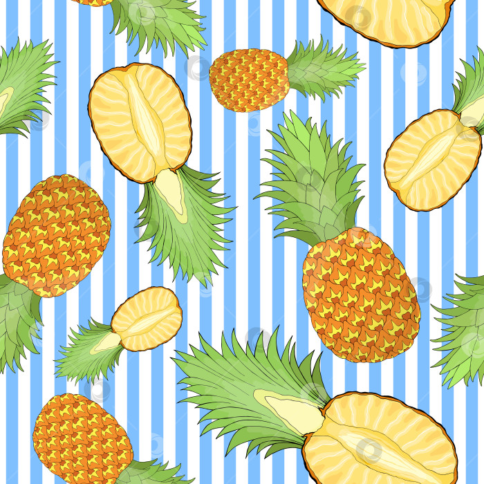 Скачать Цельный и разрезанный ананас с повторяющимся бесшовным рисунком. Бесконечная текстура тропических фруктов в голубую полоску. Фон с неровными краями. Летний редактируемый дизайн поверхностей для текстиля, канцелярских принадлежностей, косметики фотосток Ozero