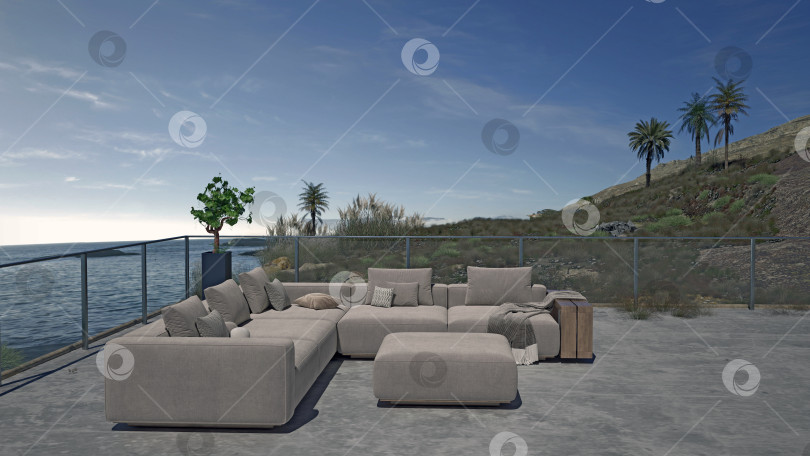 Скачать 3D-рендеринг современного прибрежного патио с серым секционным диваном. Роскошная гостиная на открытом воздухе с видом на море фотосток Ozero