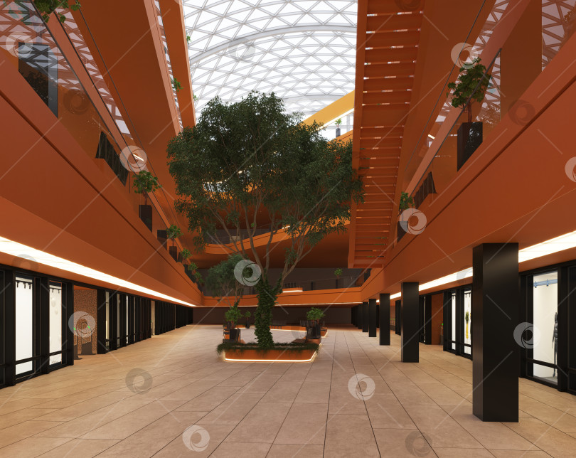 Скачать 3D-рендеринг интерьера современного торгового центра. Оранжевый атриум со стеклянным потолком и деревом фотосток Ozero
