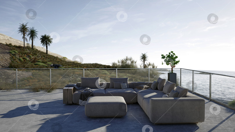 Скачать 3D-рендеринг роскошной открытой террасы с серым диваном. Современная прибрежная мебель для патио с видом на море фотосток Ozero