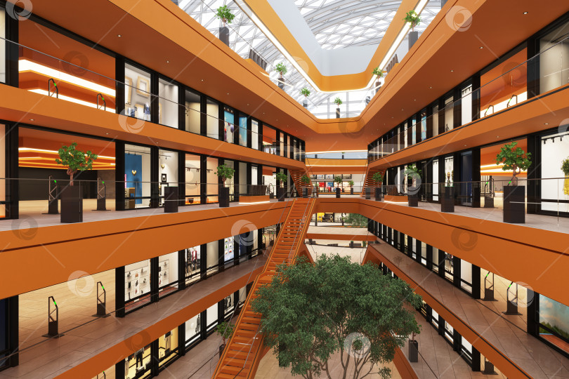 Скачать 3D-рендеринг атриума современного торгового центра. Интерьер пустого торгового центра с центральной лестницей фотосток Ozero
