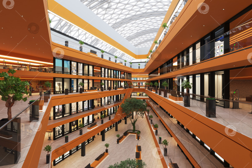 Скачать Современный многоуровневый интерьер торгового центра. 3D-рендеринг пустого торгового центра с оранжевыми балконами фотосток Ozero