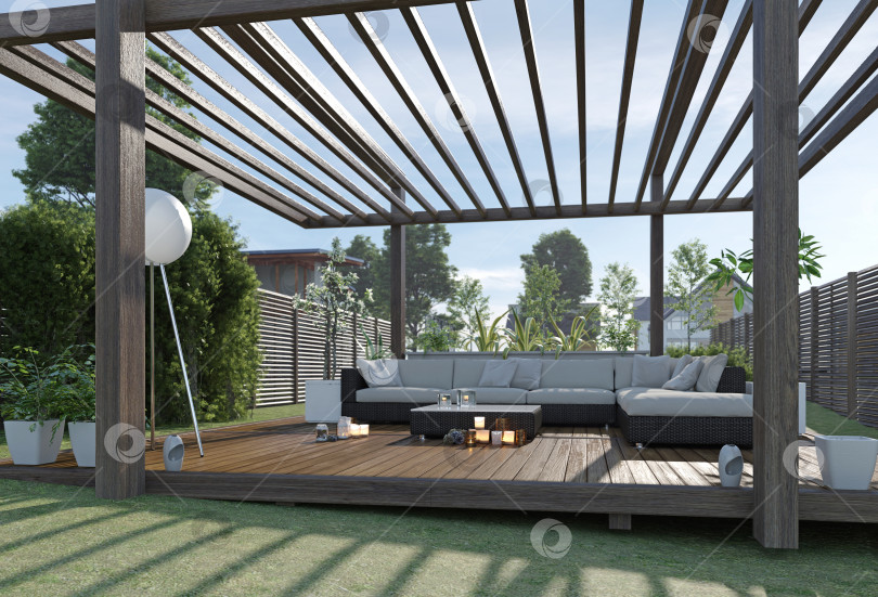 Скачать Современный открытый внутренний дворик с деревянным настилом и решетчатой беседкой. 3D-рендеринг мебели для отдыха на заднем дворе фотосток Ozero
