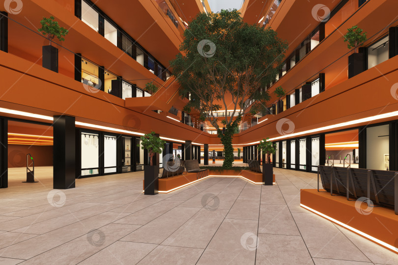Скачать Вид на первый этаж современного торгового центра. 3D-рендер пустого торгового центра с деревом внутри фотосток Ozero