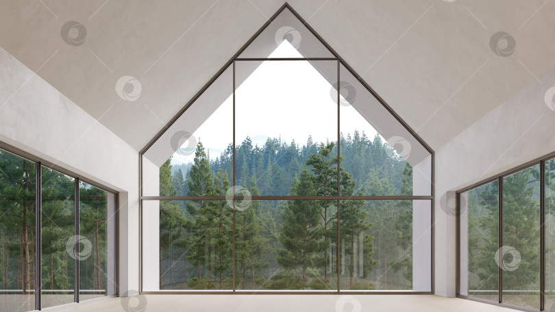 Скачать Пустая современная комната со сводчатым потолком и большим А-образным окном. 3D-рендеринг интерьера с изображением леса фотосток Ozero