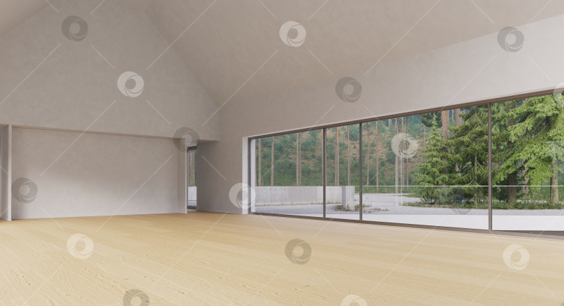 Скачать Пустой современный интерьер с большими окнами, выходящими на сосновый лес. 3D-рендеринг минималистской комнаты фотосток Ozero