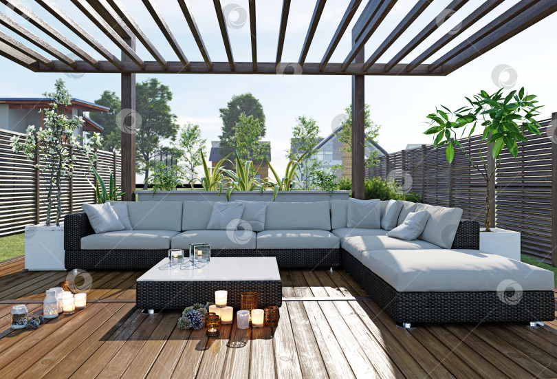 Скачать 3D-рендеринг современного внутреннего дворика на открытом воздухе. Серый плетеный секционный диван на деревянном настиле под беседкой фотосток Ozero