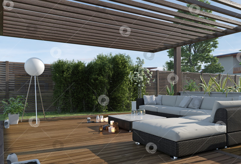 Скачать Современная терраса на заднем дворе с деревянным настилом под перголой. 3D-рендеринг уличной мебели для отдыха фотосток Ozero