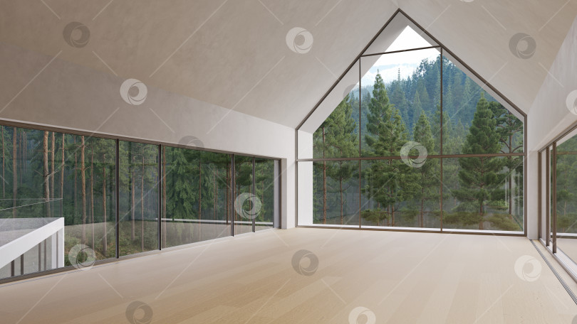 Скачать Просторная пустая современная комната с большими стеклянными окнами. 3D-рендеринг интерьера без мебели с изображением леса фотосток Ozero