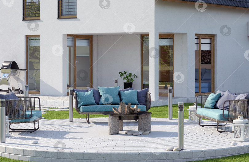 Скачать Современный внутренний дворик на заднем дворе с садовой мебелью бирюзового цвета и местом для костра. 3D-рендеринг внешнего вида дома фотосток Ozero