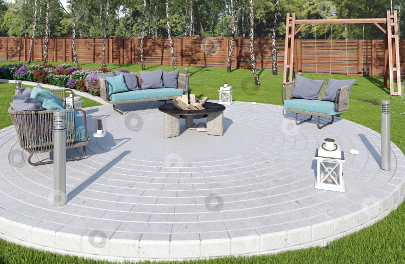 Скачать Благоустроенный задний двор с круглым каменным патио, бирюзовой мебелью и деревянными качелями. 3D рендеринг экстерьера фотосток Ozero