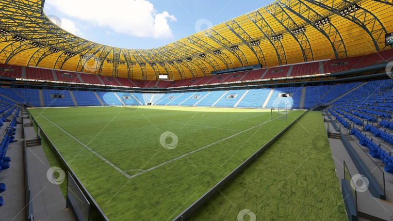 Скачать Трехмерный рендер пустого футбольного стадиона. Зеленое поле с травой и синие трибуны под желтой крышей фотосток Ozero