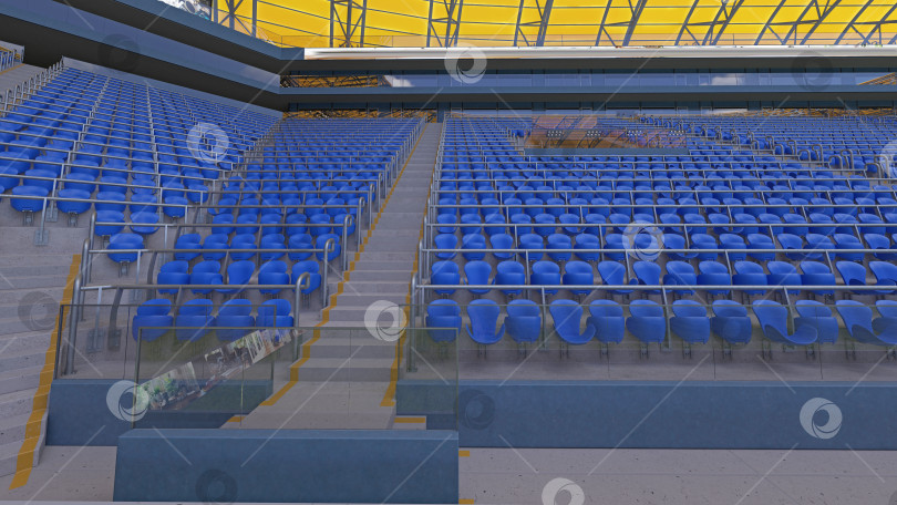 Скачать 3D-рендеринг пустых синих кресел на спортивном стадионе. Бетонные ступени и стеклянные перила на арене фотосток Ozero