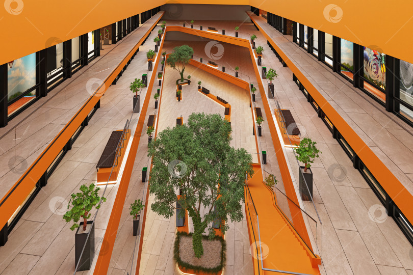 Скачать Трехмерный рендеринг интерьера современного торгового центра на возвышении. Оранжевый коммерческий атриум с деревьями в помещении фотосток Ozero