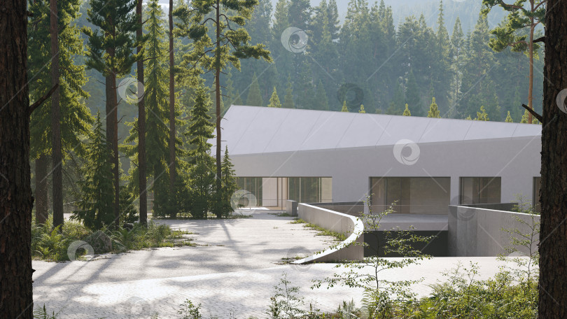 Скачать Современный белый угловой фасад здания в сосновом лесу. 3D-рендеринг современной архитектуры фотосток Ozero