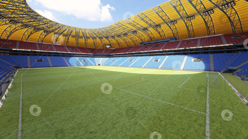 Скачать 3D-рендеринг современного пустого футбольного стадиона. Солнечный день на футбольной арене с зеленым газоном. фотосток Ozero