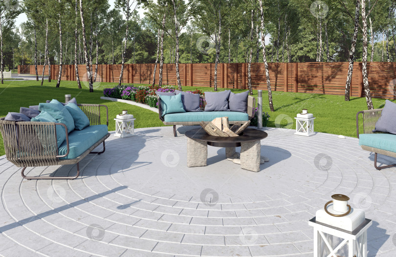 Скачать 3D-рендеринг современного внутреннего дворика с круглым каменным очагом. Бирюзовые диваны в саду на заднем дворе фотосток Ozero