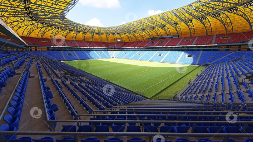 Скачать 3D-рендеринг пустого футбольного стадиона. Спортивная арена с зеленым газоном и синими сиденьями фотосток Ozero
