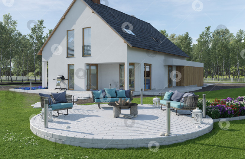 Скачать 3D-рендеринг экстерьера современного белого дома. Внутренний дворик на заднем дворе с круглой ямой для костра и бирюзовыми диванами фотосток Ozero