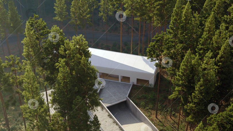 Скачать Вид с высоты птичьего полета на современное белое здание в сосновом лесу. 3D-рендеринг архитектурного экстерьера фотосток Ozero