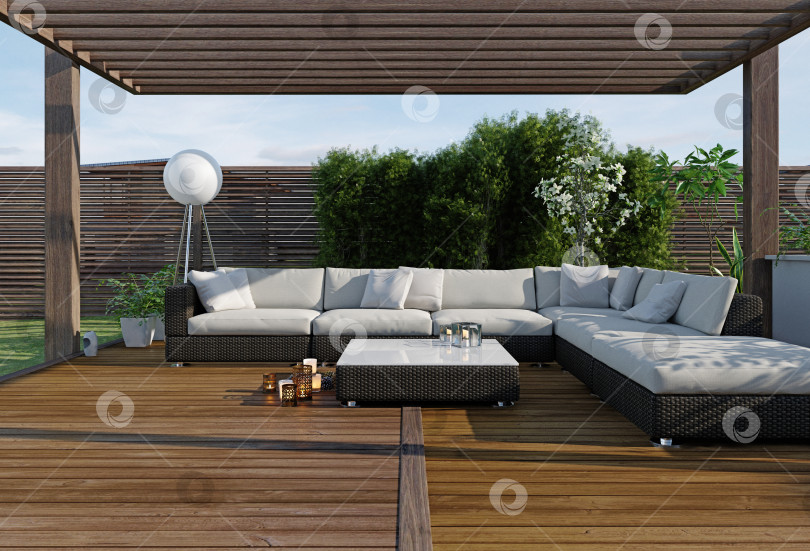 Скачать Открытая зона отдыха на деревянном настиле. 3D-рендеринг плетеного секционного дивана под беседкой фотосток Ozero
