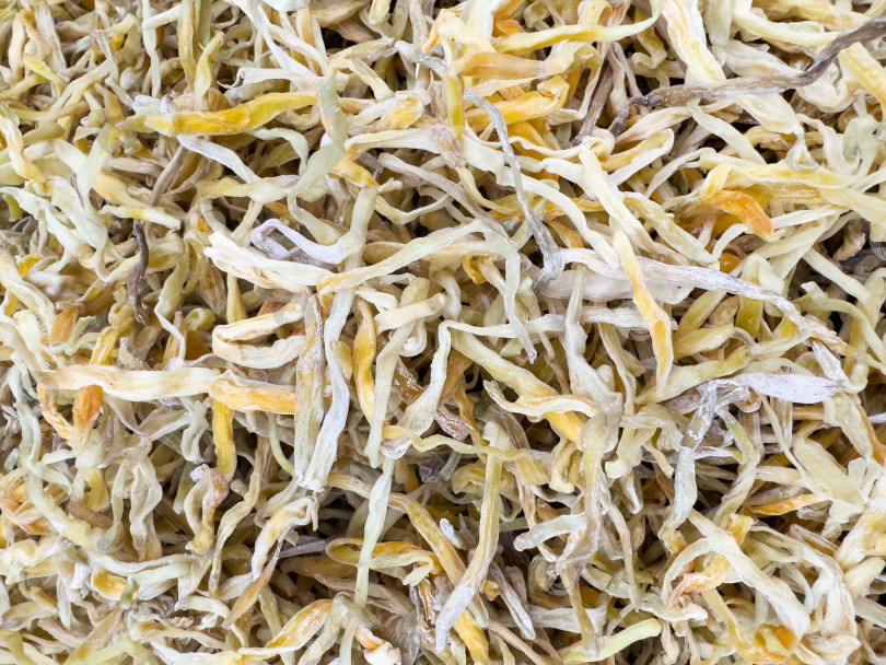 Скачать Золотистые иголки и бутоны лилейника высушили и сложили плотно друг к другу. фотосток Ozero