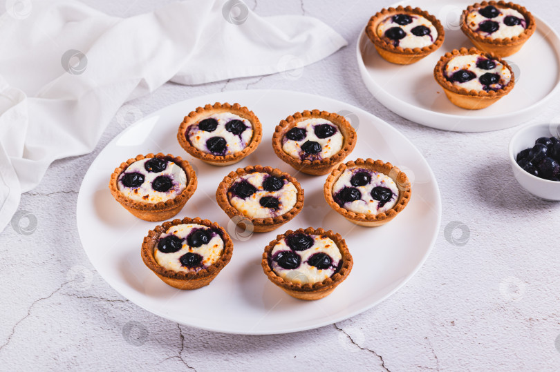 Скачать Мини-пирожные с творогом и ягодами на тарелке на столе фотосток Ozero