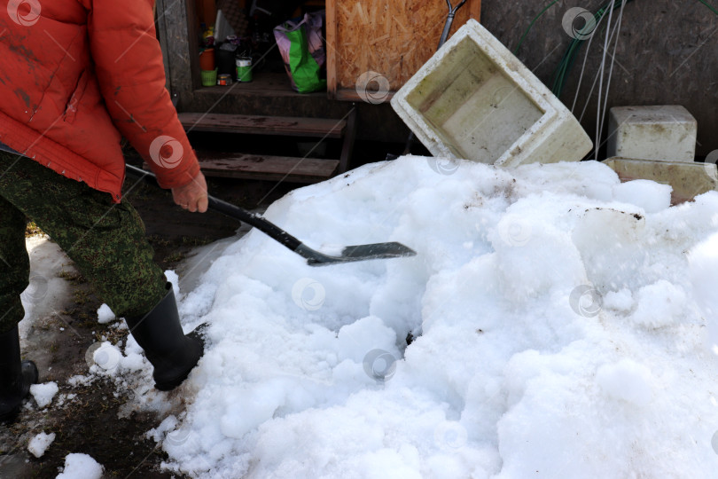 Скачать Садовник с лопатой стоит у сугроба рядом с сараем в весеннем саду фотосток Ozero