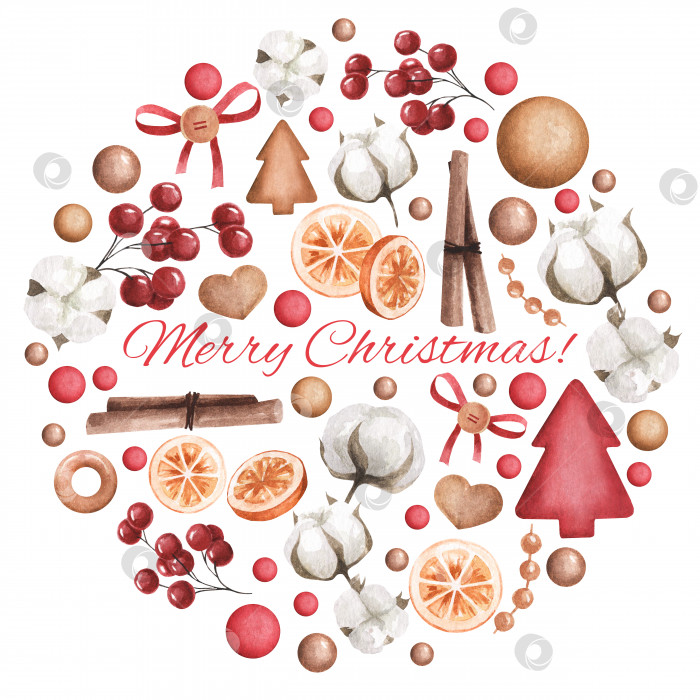 Скачать Круглая рождественская открытка. Иллюстрация рождественских товаров: корица, апельсин, вата, печенье, рождественская елка, рождественские шары, бант. фотосток Ozero
