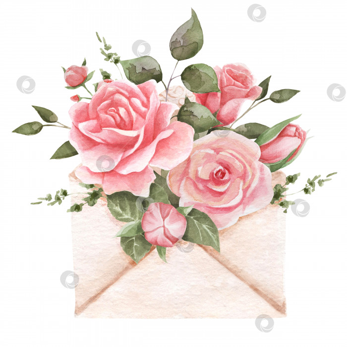 Скачать Акварельные иллюстрации нежных розовых роз в бумажном конверте. фотосток Ozero