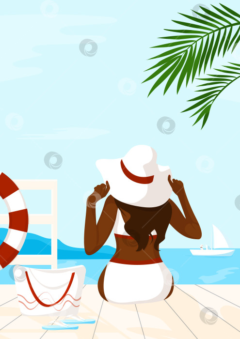 Скачать Темнокожая женщина в белом купальнике и шляпе сидит на морском пирсе. Минималистичная летняя векторная иллюстрация. Шаблон для баннера, плаката, обложки или фона. фотосток Ozero