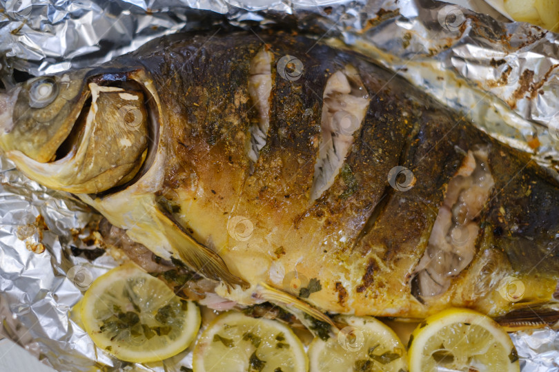 Скачать Вкусный запеченный карп с лимонами в фольге фотосток Ozero