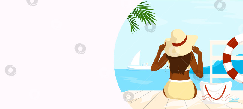 Скачать Баннер с пространством для текста. Темнокожая женщина в желтом купальнике и шляпе сидит на морском пирсе. Минималистичная летняя векторная иллюстрация. Шаблон для рекламы, флаеров, плакатов, обложек или фонов. фотосток Ozero