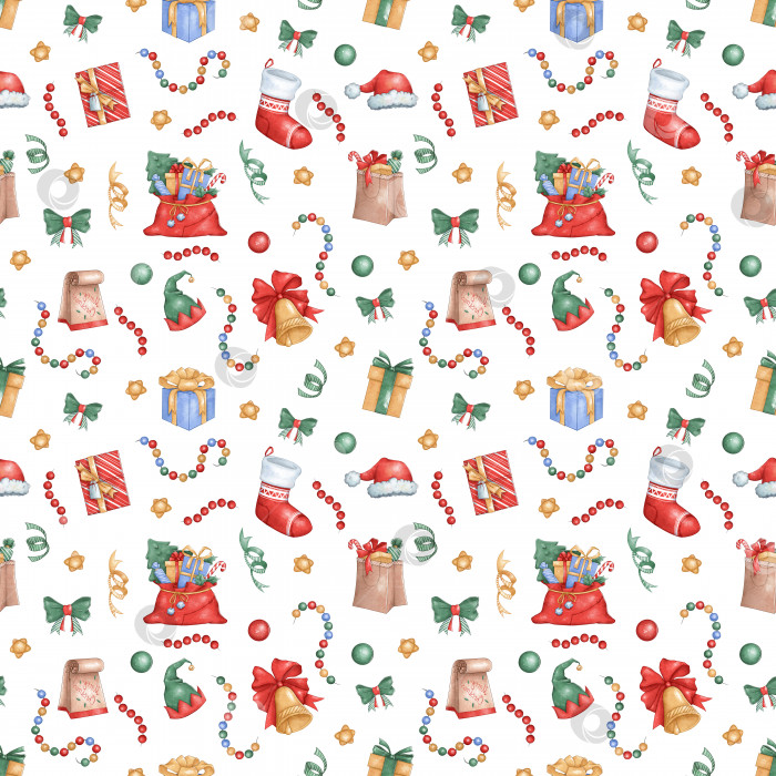 Скачать Рождественский бесшовный узор. Подарки, подарочный носок, шапка Санта-Клауса, снежинки, гирлянда. Легкая текстура для ткани, подарочной бумаги, новогоднего декора. фотосток Ozero