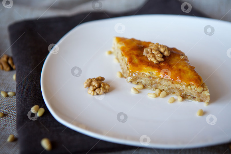 Скачать Десерт крупным планом - это кусочек торта с грецкими орехами, медом и кедровыми орешками. фотосток Ozero